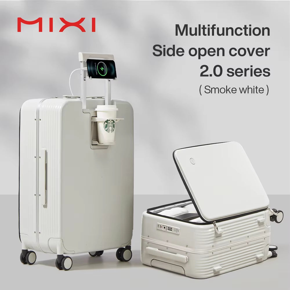 Mixi NEW Aluminum Frame Suitcase Carry on Rolling Luggage with USB Port Boarding Cabin Cup and Phone Holder 20 24 Inch