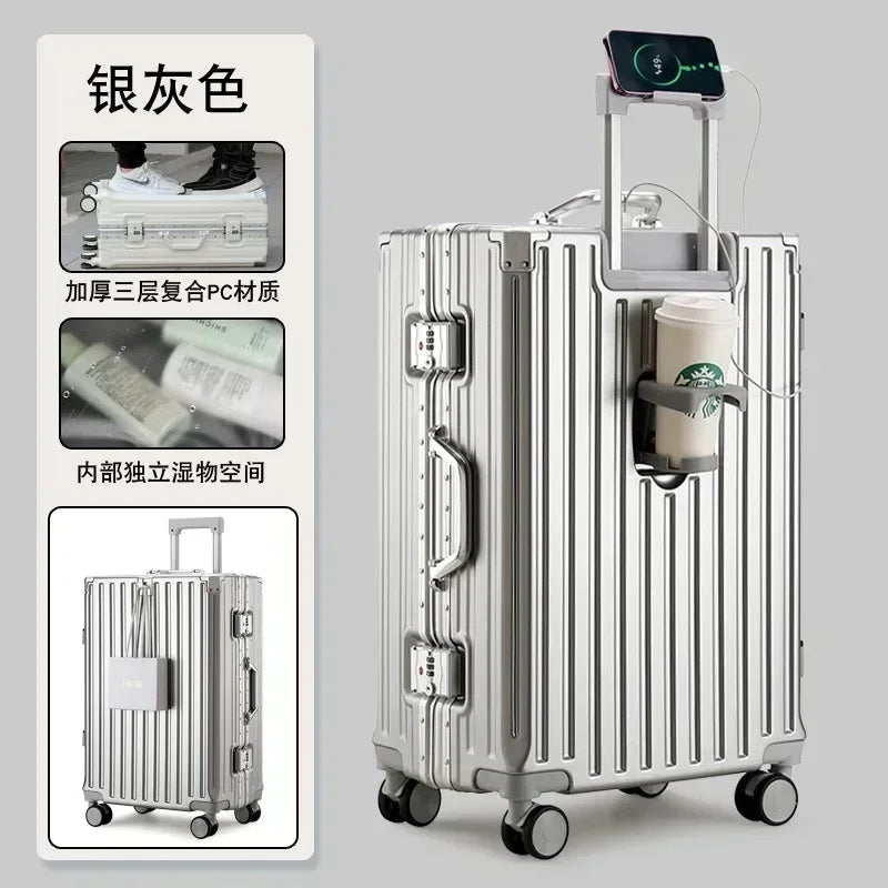 2025 New Multifunction Suitcase with USB Charging Aluminum Frame +PC Suitcase Trip Cabin Male and Female Carrier 28/30-Inch