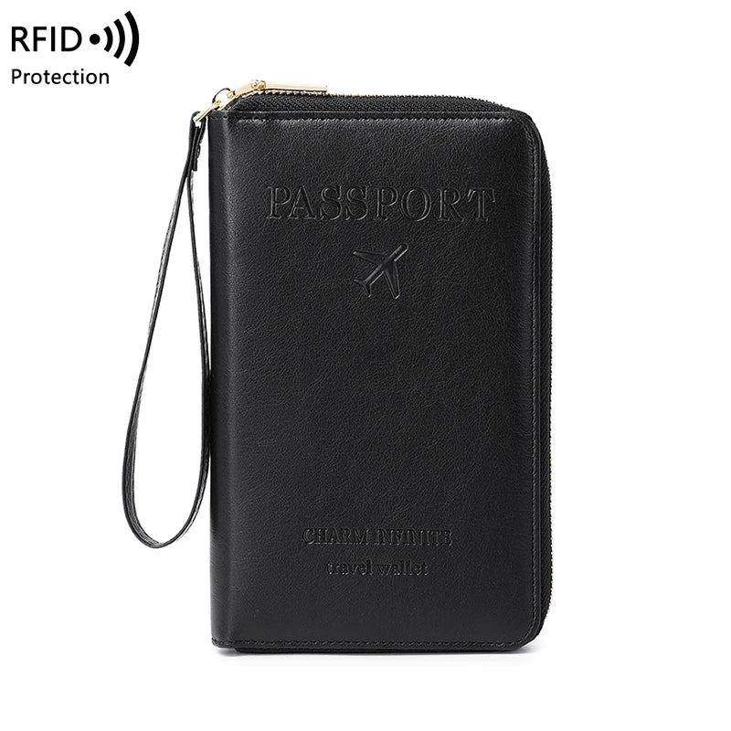 RFID-Blocking Passport Holder and Travel Wallet with Multifunctional Zipper and Wrist Strap
