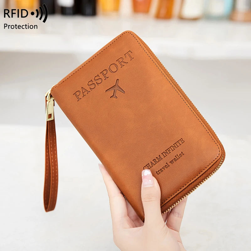 RFID-Blocking Passport Holder and Travel Wallet with Multifunctional Zipper and Wrist Strap
