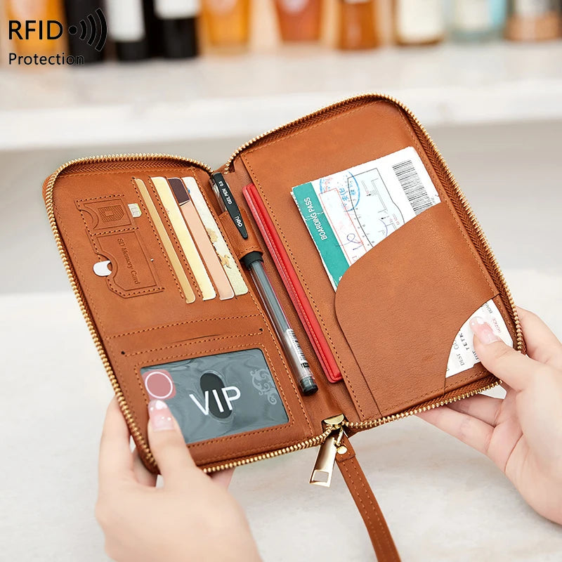 RFID-Blocking Passport Holder and Travel Wallet with Multifunctional Zipper and Wrist Strap