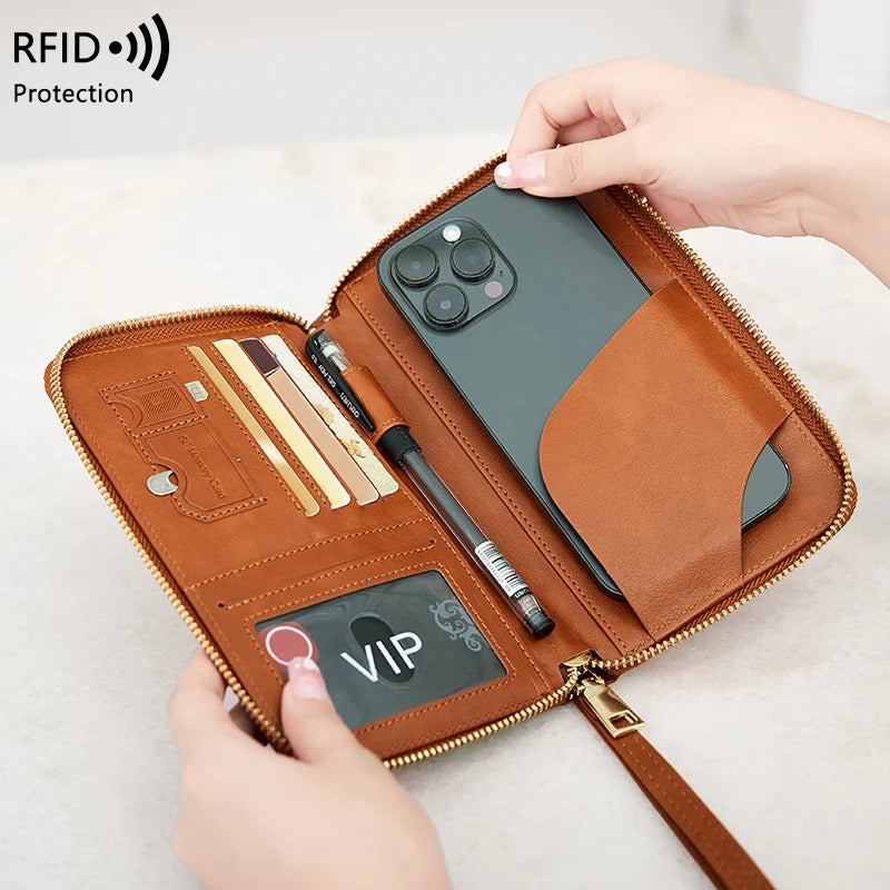 RFID-Blocking Passport Holder and Travel Wallet with Multifunctional Zipper and Wrist Strap