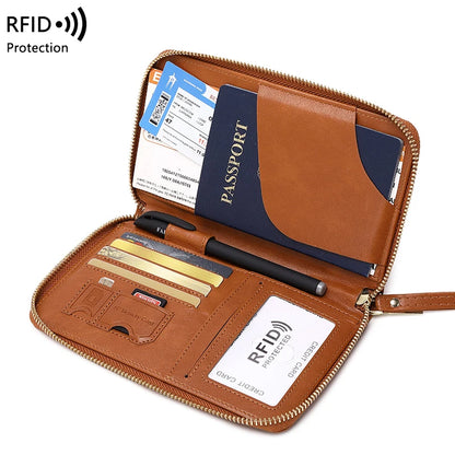 RFID-Blocking Passport Holder and Travel Wallet with Multifunctional Zipper and Wrist Strap
