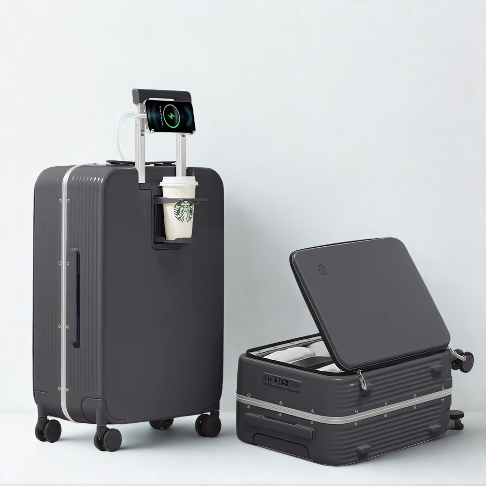 Mixi NEW Aluminum Frame Suitcase Carry on Rolling Luggage with USB Port Boarding Cabin Cup and Phone Holder 20 24 Inch