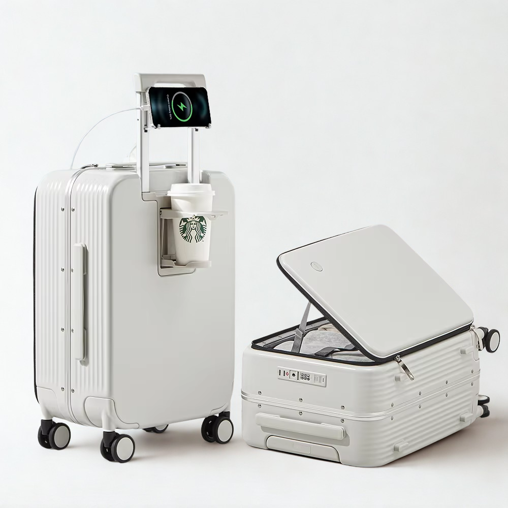 Mixi NEW Aluminum Frame Suitcase Carry on Rolling Luggage with USB Port Boarding Cabin Cup and Phone Holder 20 24 Inch