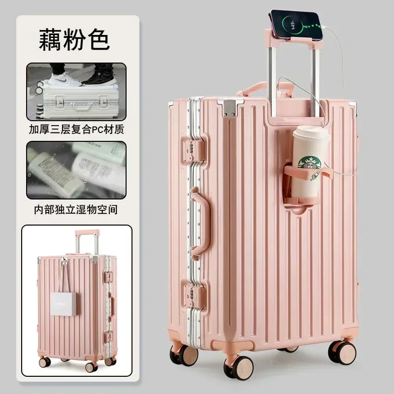 2025 New Multifunction Suitcase with USB Charging Aluminum Frame +PC Suitcase Trip Cabin Male and Female Carrier 28/30-Inch