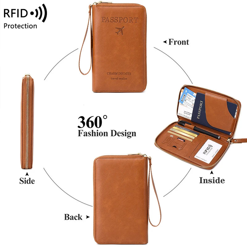 RFID-Blocking Passport Holder and Travel Wallet with Multifunctional Zipper and Wrist Strap