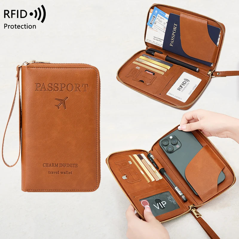 RFID-Blocking Passport Holder and Travel Wallet with Multifunctional Zipper and Wrist Strap