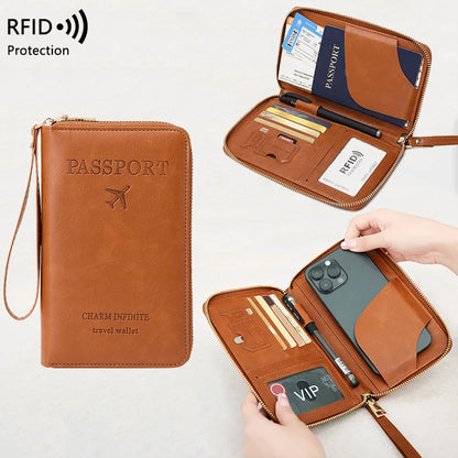 RFID-Blocking Passport Holder and Travel Wallet with Multifunctional Zipper and Wrist Strap