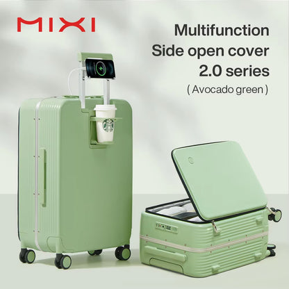 Mixi NEW Aluminum Frame Suitcase Carry on Rolling Luggage with USB Port Boarding Cabin Cup and Phone Holder 20 24 Inch