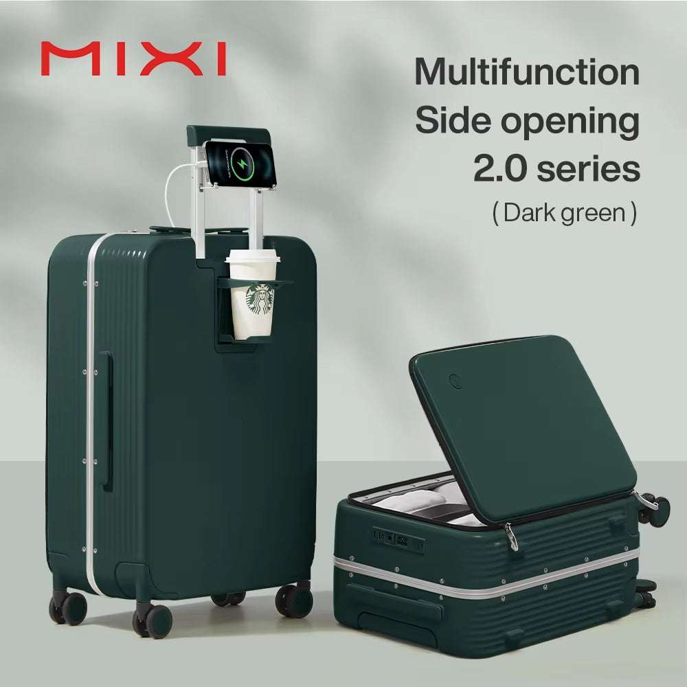 Mixi NEW Aluminum Frame Suitcase Carry on Rolling Luggage with USB Port Boarding Cabin Cup and Phone Holder 20 24 Inch