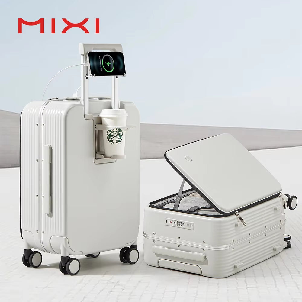 Mixi NEW Aluminum Frame Suitcase Carry on Rolling Luggage with USB Port Boarding Cabin Cup and Phone Holder 20 24 Inch