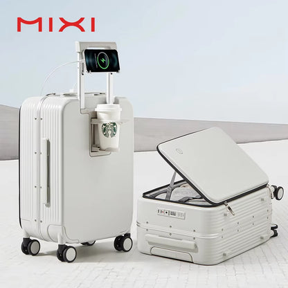 Mixi NEW Aluminum Frame Suitcase Carry on Rolling Luggage with USB Port Boarding Cabin Cup and Phone Holder 20 24 Inch
