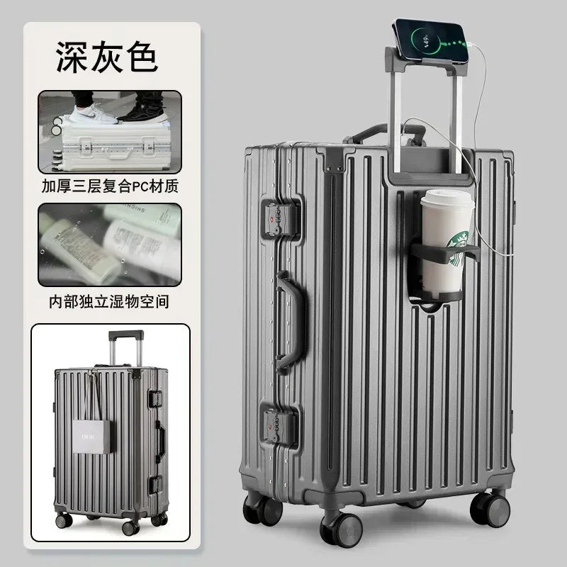 2025 New Multifunction Suitcase with USB Charging Aluminum Frame +PC Suitcase Trip Cabin Male and Female Carrier 28/30-Inch