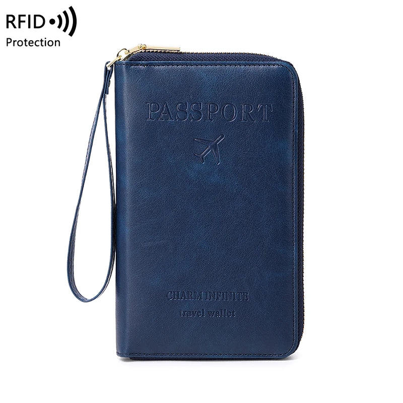 RFID-Blocking Passport Holder and Travel Wallet with Multifunctional Zipper and Wrist Strap