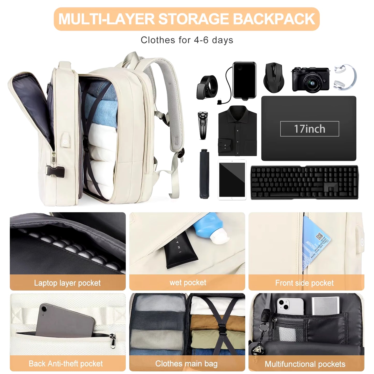 Travel Backpack for Women Expandable Weekender Hiking Laptop Backpack with USB Port Large Waterproof 40L Men'S Backpack