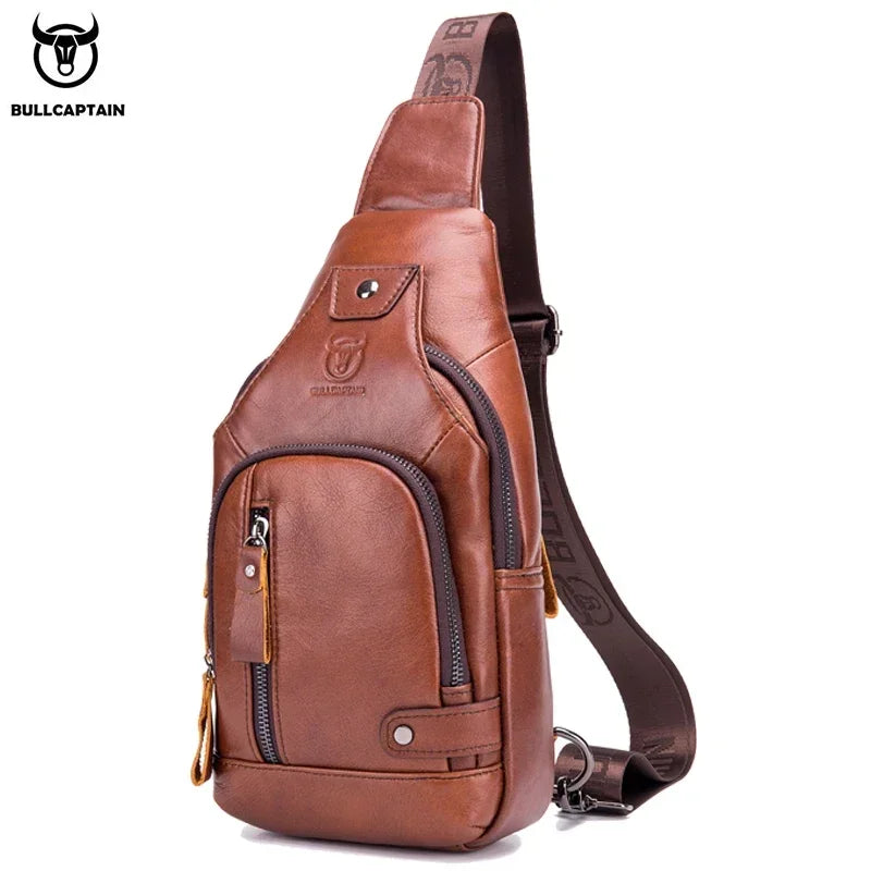 Leather Men'S Chest Pocket One Crossbody Bags with USB Rechargeable Chest Bag Can Be Used for 7.9 Inch Ipai Pockets