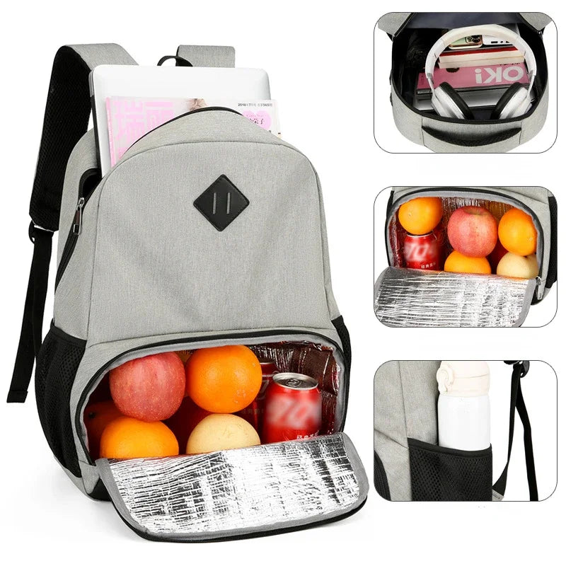 Business Computer Backpack with USB Charging Port Men'S Bag with Insulated Lunch Bag Outdoor Travel Waterproof Backpack