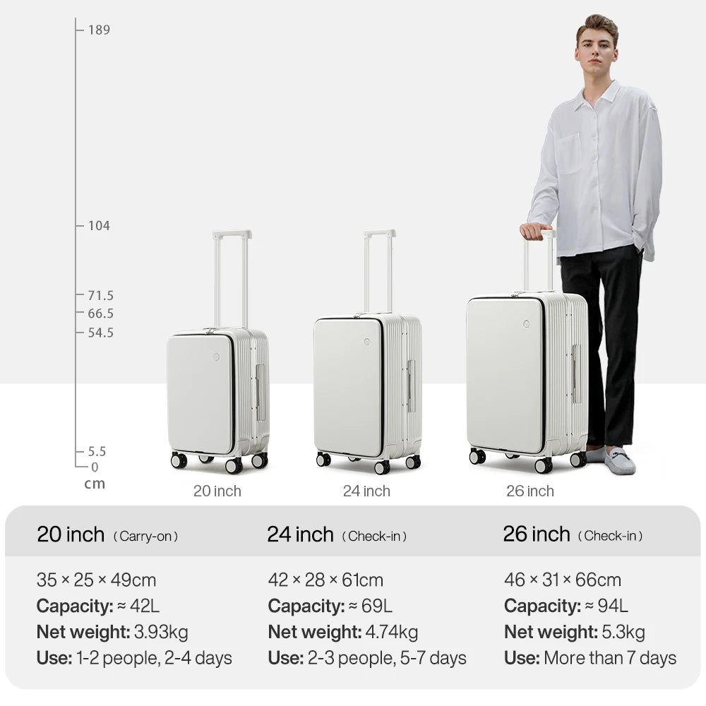 Mixi NEW Aluminum Frame Suitcase Carry on Rolling Luggage with USB Port Boarding Cabin Cup and Phone Holder 20 24 Inch